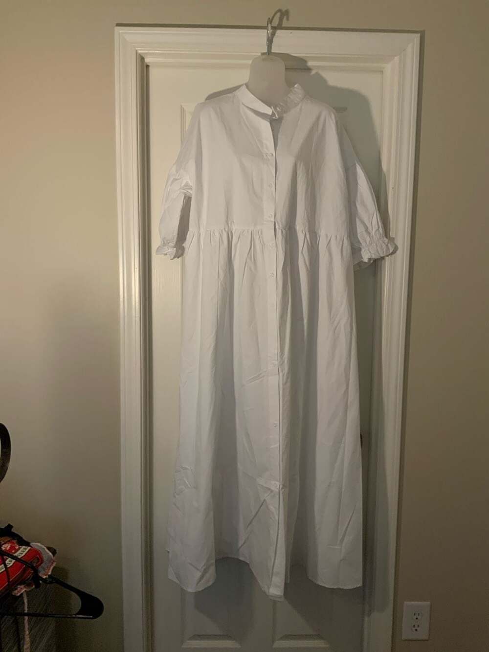 STYLEWE White 100% Cotton Button Up Puff Sleeve Tiered Maxi Shirt Dress